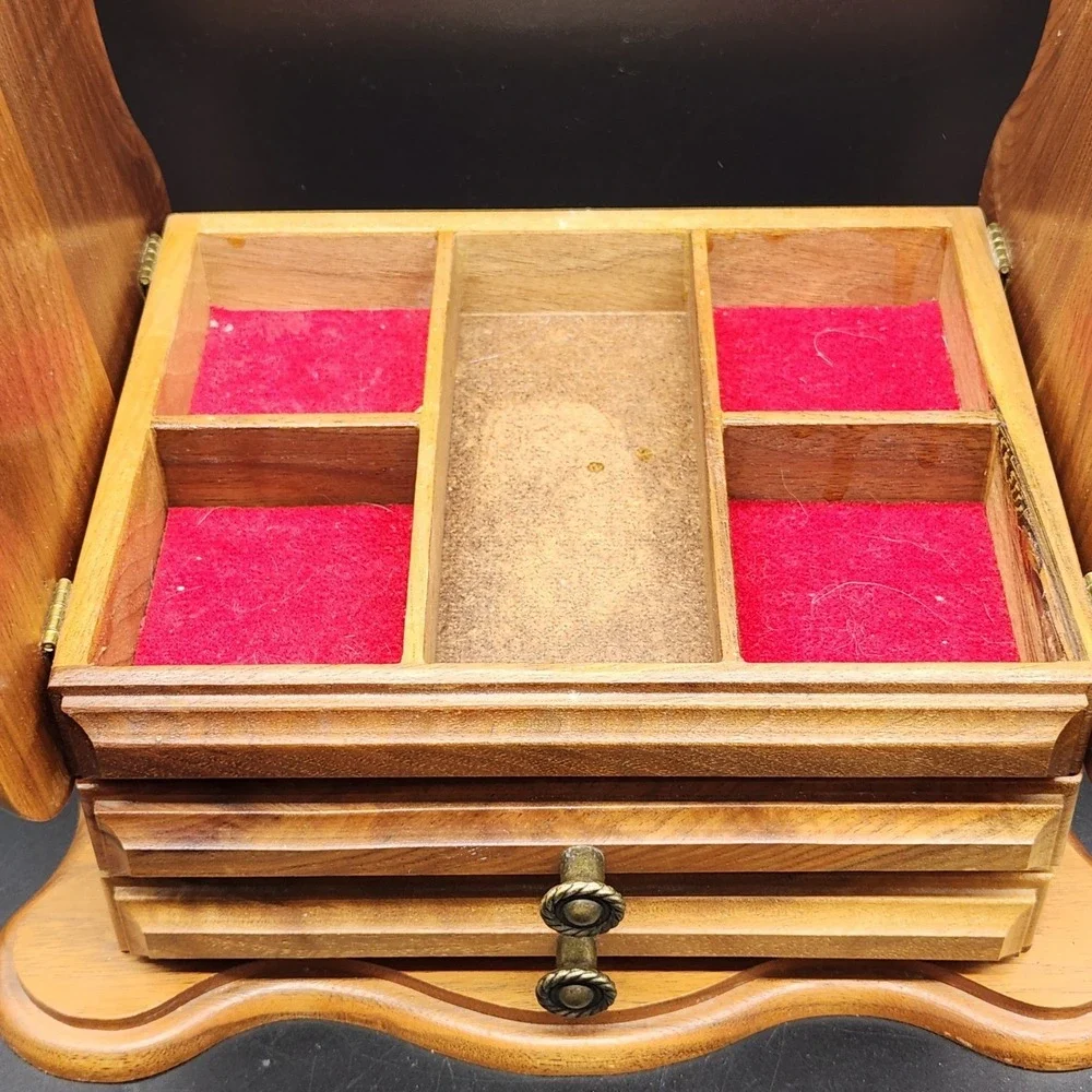 Vintage Wooden Jewelry Box Organizer Red Velvet Lined Drawers Storage
